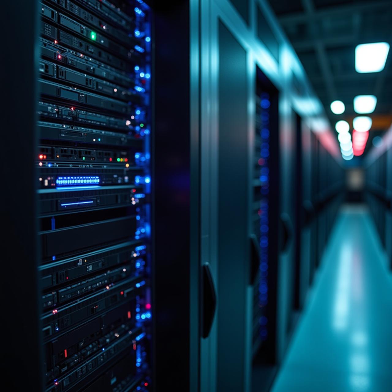 Modern industrial server room with cinematic lighting