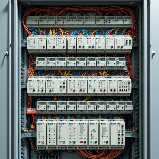 Inside a clean, organized industrial control panel with PLCs and wiring indicators